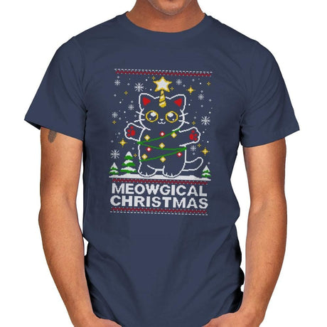 Meowgical Cat Christmas - Mens T-Shirts RIPT Apparel Small / Navy