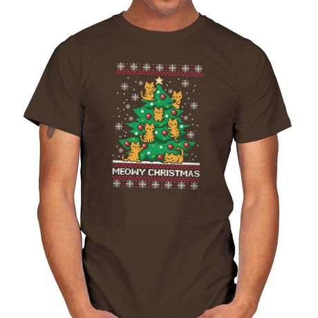 Meowy christmas - Ugly holiday - Mens T-Shirts RIPT Apparel Small / Dark Chocolate