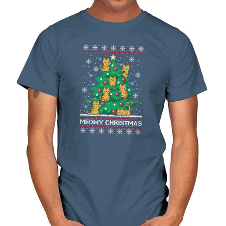Meowy christmas - Ugly holiday - Mens T-Shirts RIPT Apparel Small / Indigo Blue
