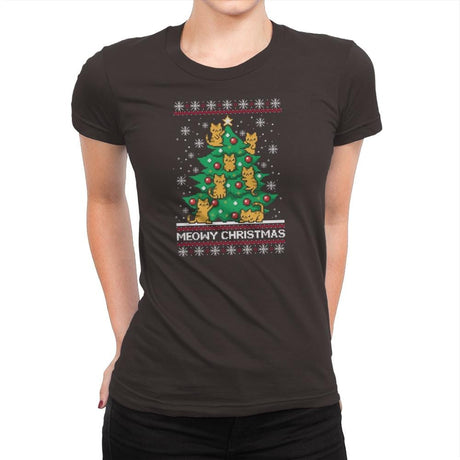 Meowy christmas - Ugly holiday - Womens Premium T-Shirts RIPT Apparel Small / Dark Chocolate