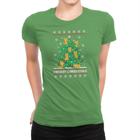 Meowy christmas - Ugly holiday - Womens Premium T-Shirts RIPT Apparel Small / Kelly Green