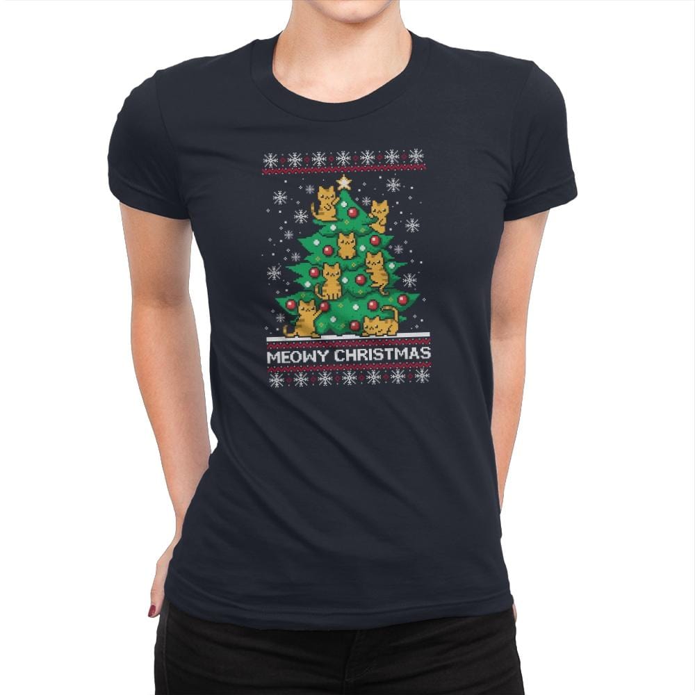 Meowy christmas - Ugly holiday - Womens Premium T-Shirts RIPT Apparel Small / Midnight Navy