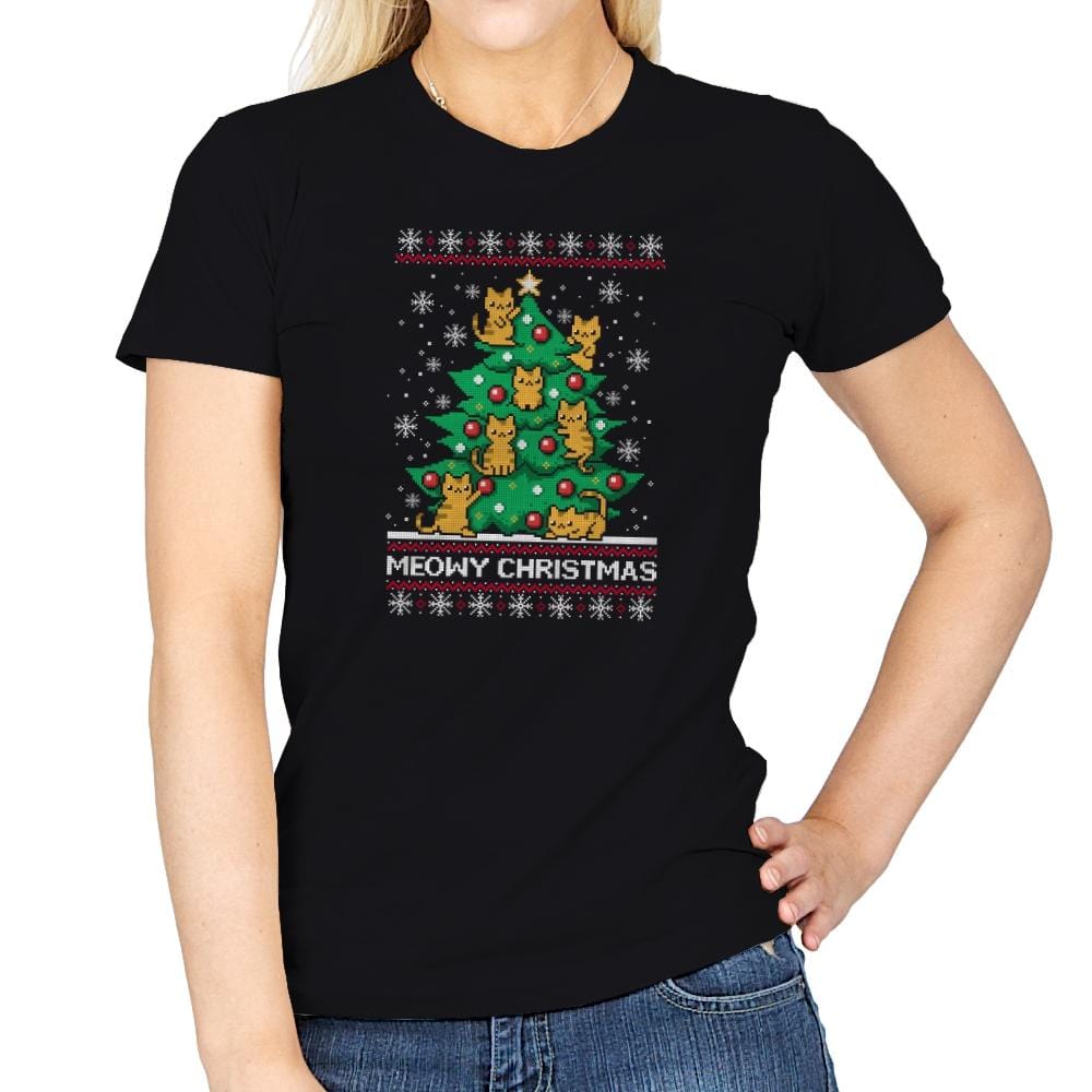 Meowy christmas - Ugly holiday - Womens T-Shirts RIPT Apparel Small / Black