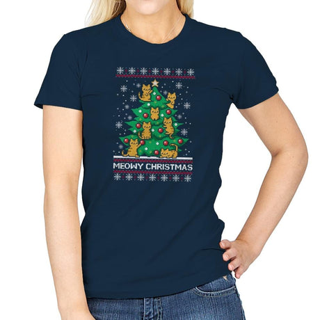 Meowy christmas - Ugly holiday - Womens T-Shirts RIPT Apparel Small / Navy