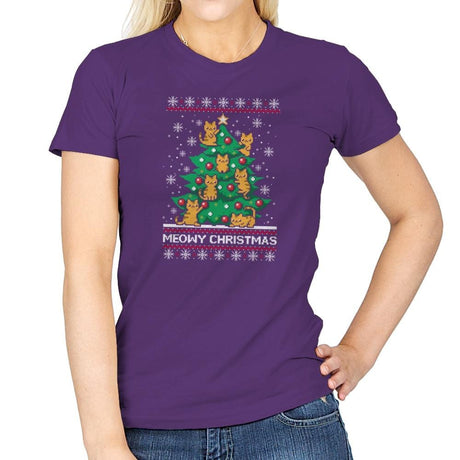 Meowy christmas - Ugly holiday - Womens T-Shirts RIPT Apparel Small / Purple