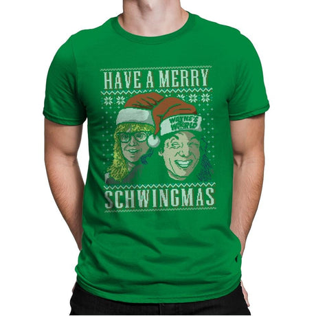 Merry Schwingmas - Ugly Holiday - Mens Premium T-Shirts RIPT Apparel Small / Kelly Green