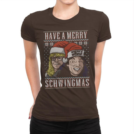Merry Schwingmas - Ugly Holiday - Womens Premium T-Shirts RIPT Apparel Small / Dark Chocolate