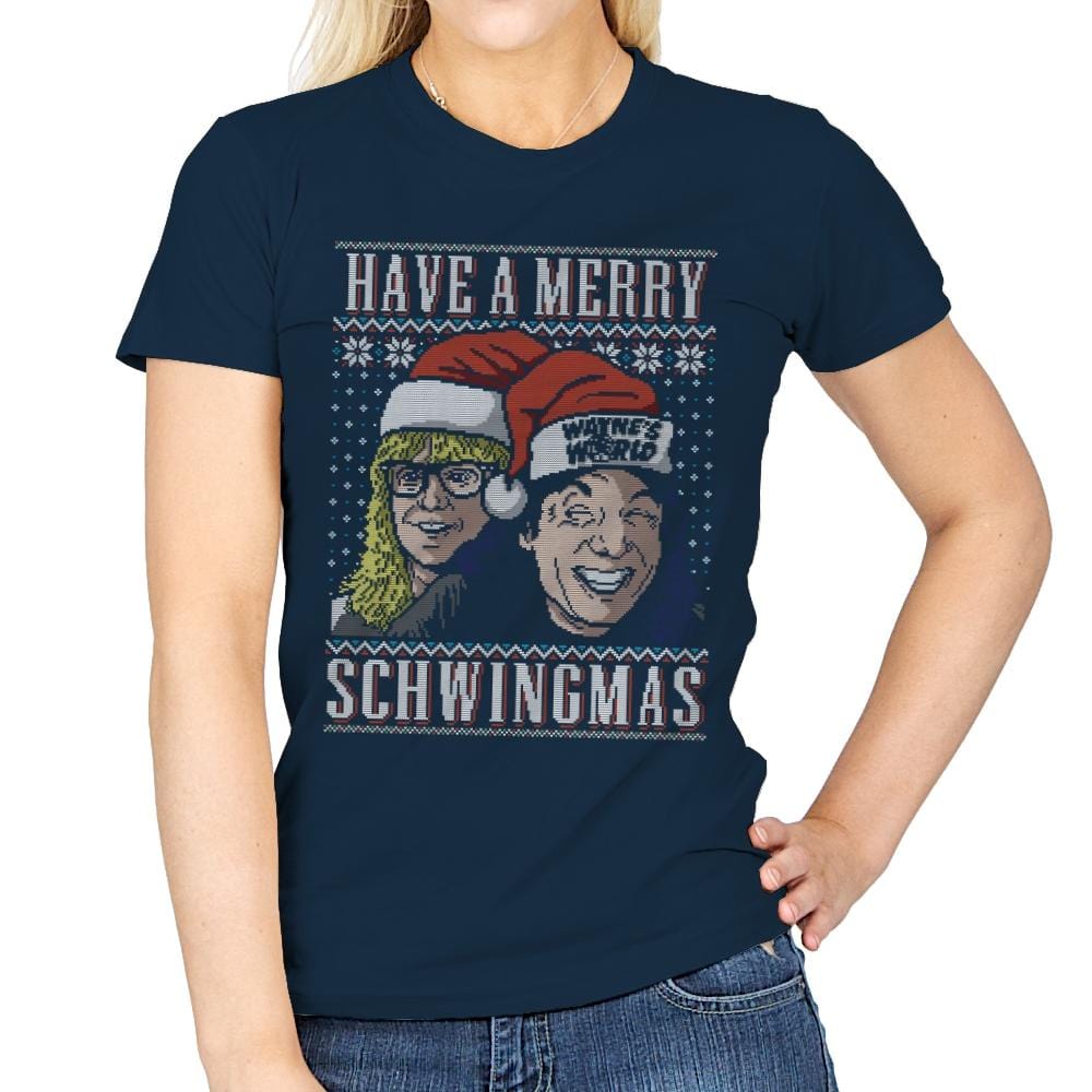 Merry Schwingmas - Ugly Holiday - Womens T-Shirts RIPT Apparel Small / Navy