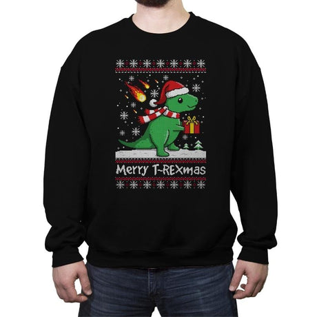 Merry T-Rexmas - Ugly Holiday - Crew Neck Sweatshirt Crew Neck Sweatshirt RIPT Apparel Small / Black