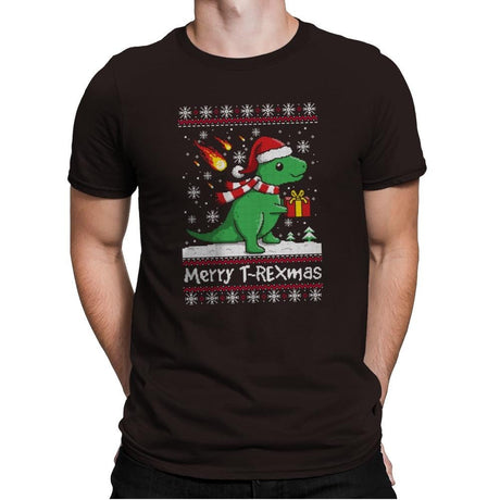 Merry T-Rexmas - Ugly Holiday - Mens Premium T-Shirts RIPT Apparel Small / Dark Chocolate