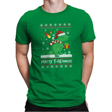 Merry T-Rexmas - Ugly Holiday - Mens Premium T-Shirts RIPT Apparel Small / Kelly Green