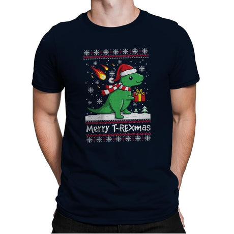 Merry T-Rexmas - Ugly Holiday - Mens Premium T-Shirts RIPT Apparel Small / Midnight Navy