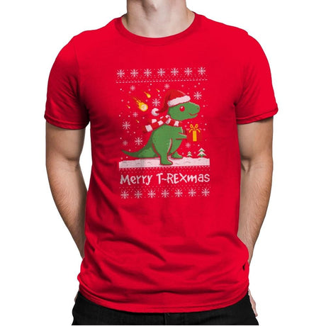 Merry T-Rexmas - Ugly Holiday - Mens Premium T-Shirts RIPT Apparel Small / Red