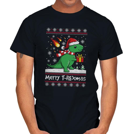 Merry T-Rexmas - Ugly Holiday - Mens T-Shirts RIPT Apparel Small / Black