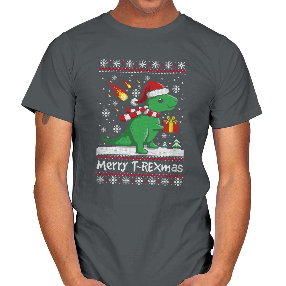 Merry T-Rexmas - Ugly Holiday - Mens T-Shirts RIPT Apparel Small / Charcoal