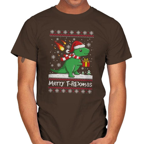 Merry T-Rexmas - Ugly Holiday - Mens T-Shirts RIPT Apparel Small / Dark Chocolate