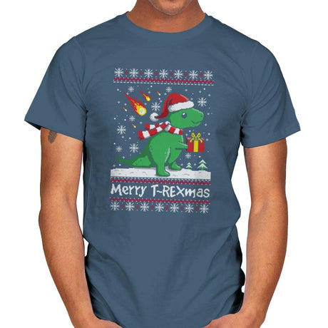 Merry T-Rexmas - Ugly Holiday - Mens T-Shirts RIPT Apparel Small / Indigo Blue