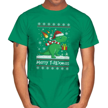 Merry T-Rexmas - Ugly Holiday - Mens T-Shirts RIPT Apparel Small / Kelly Green