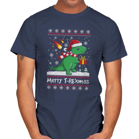 Merry T-Rexmas - Ugly Holiday - Mens T-Shirts RIPT Apparel Small / Navy