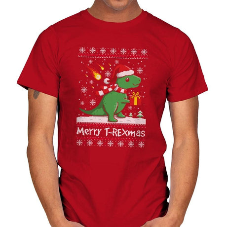 Merry T-Rexmas - Ugly Holiday - Mens T-Shirts RIPT Apparel Small / Red