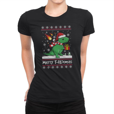 Merry T-Rexmas - Ugly Holiday - Womens Premium T-Shirts RIPT Apparel Small / Black