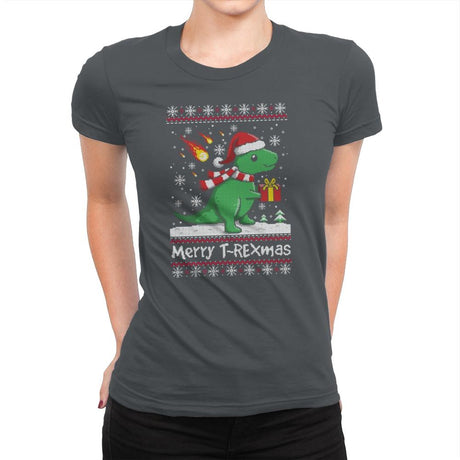 Merry T-Rexmas - Ugly Holiday - Womens Premium T-Shirts RIPT Apparel Small / Heavy Metal