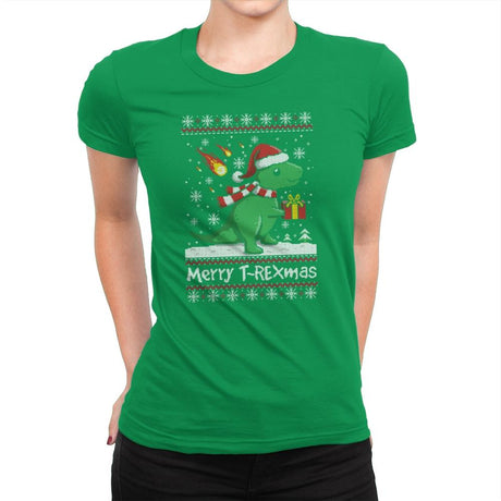 Merry T-Rexmas - Ugly Holiday - Womens Premium T-Shirts RIPT Apparel Small / Kelly Green