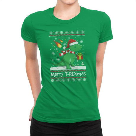 Merry T-Rexmas - Ugly Holiday - Womens Premium T-Shirts RIPT Apparel Small / Kelly Green