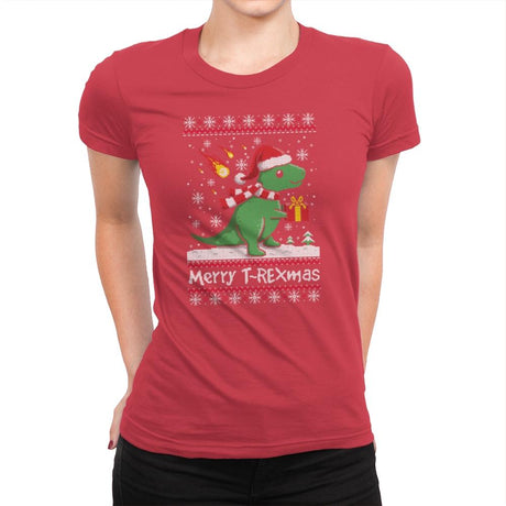 Merry T-Rexmas - Ugly Holiday - Womens Premium T-Shirts RIPT Apparel Small / Red