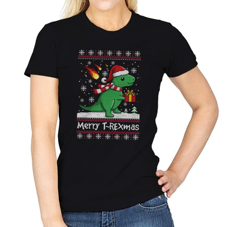 Merry T-Rexmas - Ugly Holiday - Womens T-Shirts RIPT Apparel Small / Black