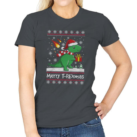 Merry T-Rexmas - Ugly Holiday - Womens T-Shirts RIPT Apparel Small / Charcoal