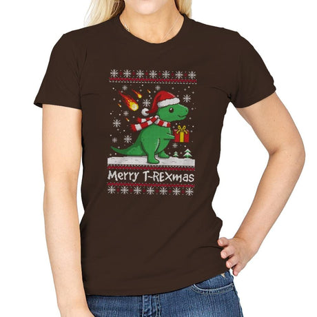 Merry T-Rexmas - Ugly Holiday - Womens T-Shirts RIPT Apparel Small / Dark Chocolate