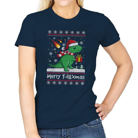 Merry T-Rexmas - Ugly Holiday - Womens T-Shirts RIPT Apparel Small / Navy