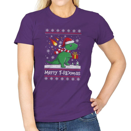 Merry T-Rexmas - Ugly Holiday - Womens T-Shirts RIPT Apparel Small / Purple