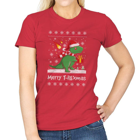 Merry T-Rexmas - Ugly Holiday - Womens T-Shirts RIPT Apparel Small / Red