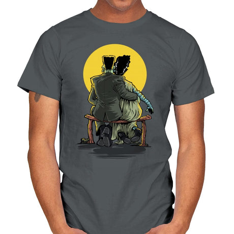 Monster and Bride Gazing at the Moon - Mens T-Shirts RIPT Apparel Small / Charcoal