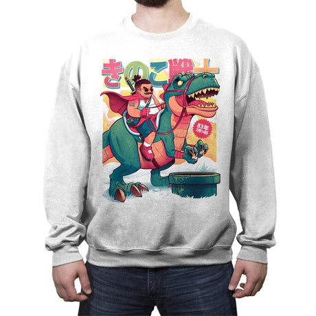 Mushroom Warrior & Dinosaur - Crew Neck Sweatshirt Crew Neck Sweatshirt RIPT Apparel Small / White