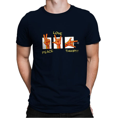 Peace, Love and Thwip! - Mens Premium T-Shirts RIPT Apparel Small / Midnight Navy