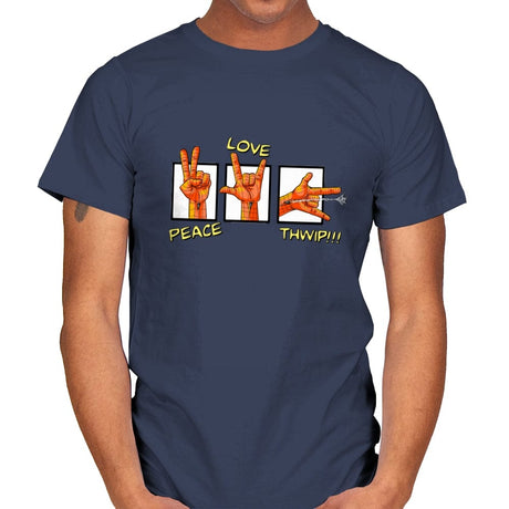 Peace, Love and Thwip! - Mens T-Shirts RIPT Apparel Small / Navy