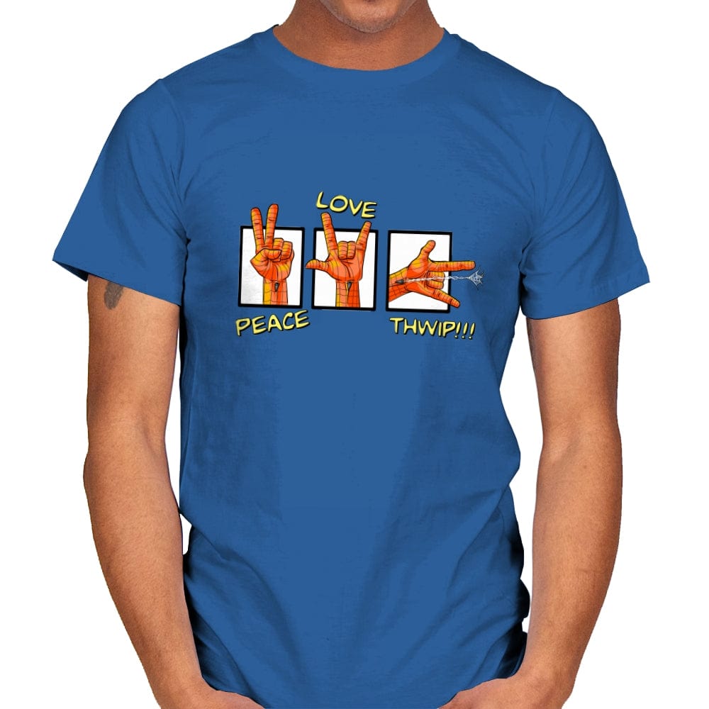 Peace, Love and Thwip! - Mens T-Shirts RIPT Apparel Small / Royal