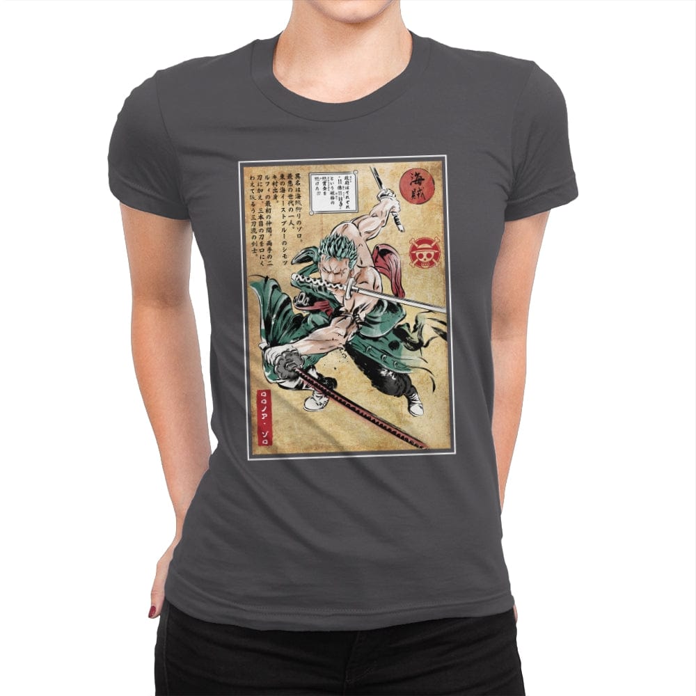 Pirate Hunter woodblock - Womens Premium T-Shirts RIPT Apparel Small / Heavy Metal