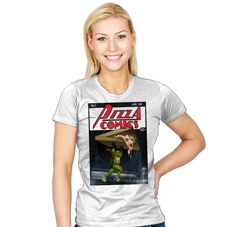 Pizza Comics - Featuring Michelangelo - Womens T-Shirts RIPT Apparel Small / White