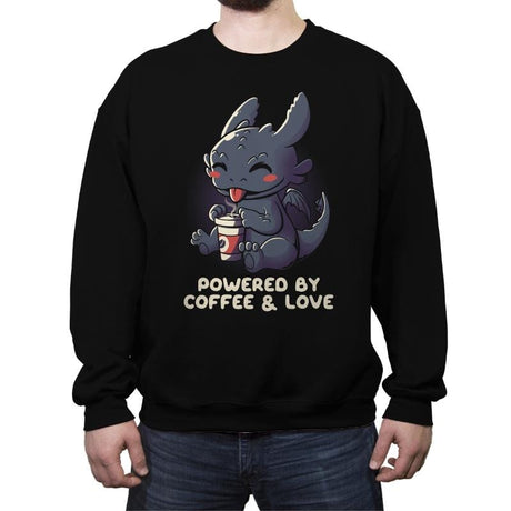 Powered By Coffee and Love - Crew Neck Sweatshirt Crew Neck Sweatshirt RIPT Apparel Small / Black