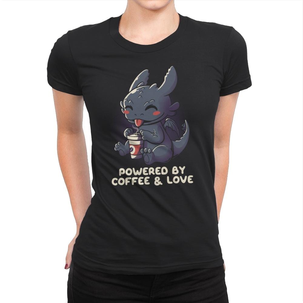 Powered By Coffee and Love - Womens Premium T-Shirts RIPT Apparel Small / Black