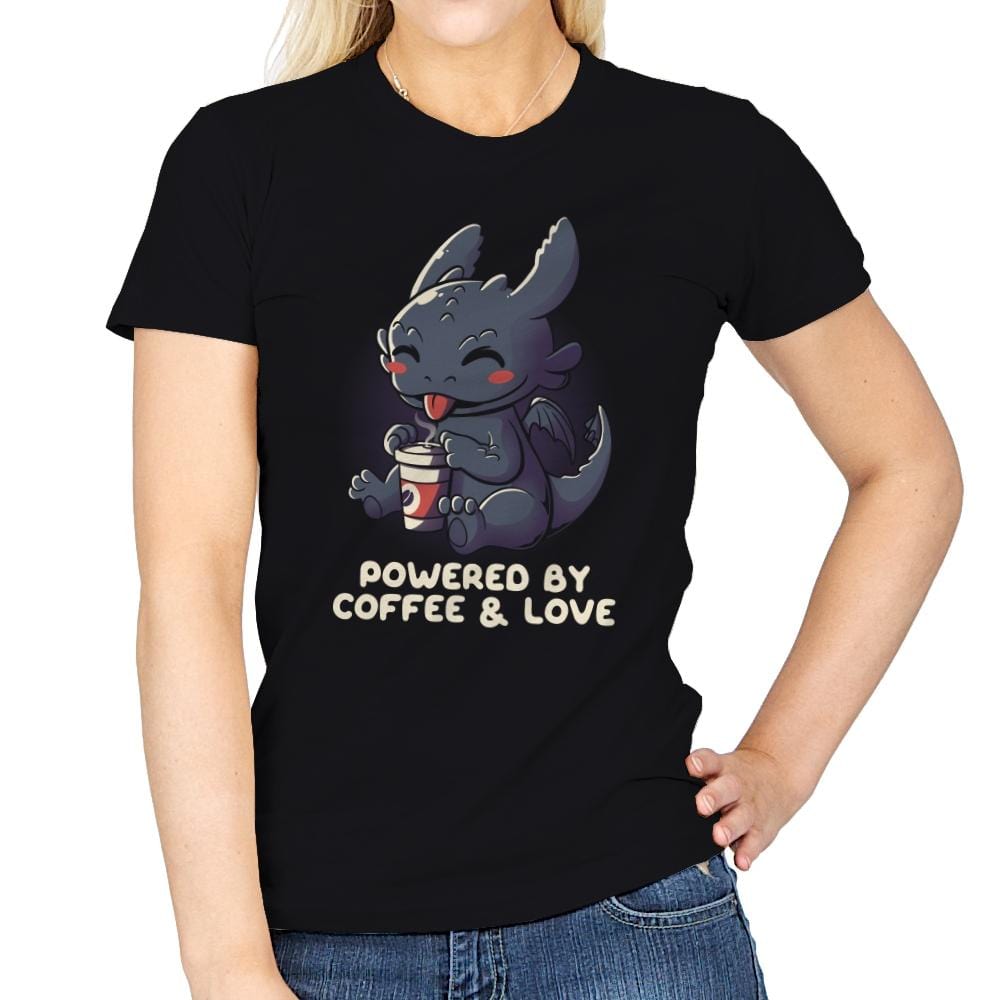 Powered By Coffee and Love - Womens T-Shirts RIPT Apparel Small / Black