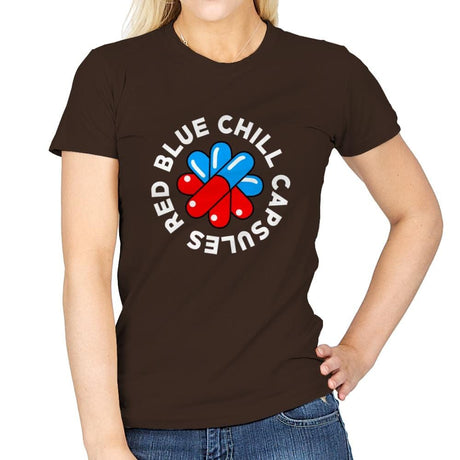 Red Blue Chill Capsules - Womens T-Shirts RIPT Apparel Small / Dark Chocolate