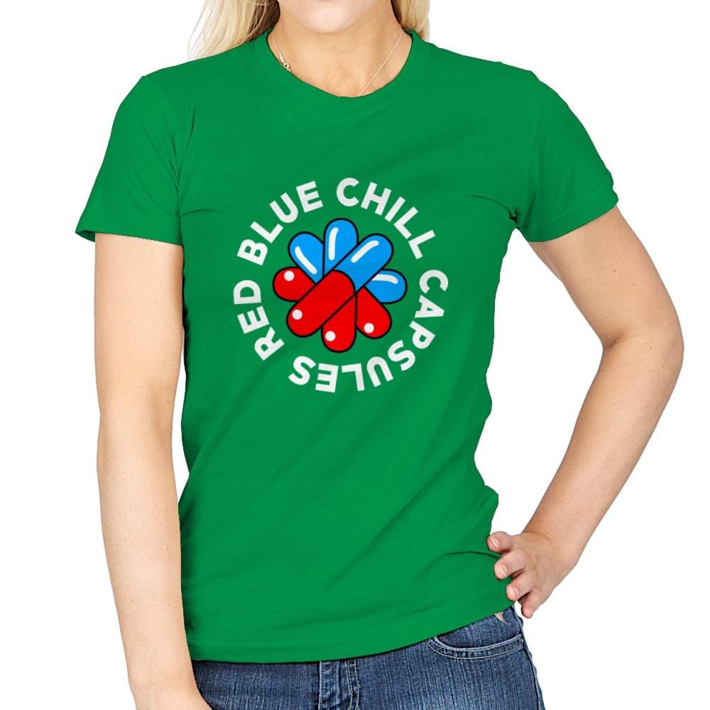 Red Blue Chill Capsules - Womens T-Shirts RIPT Apparel Small / Irish Green