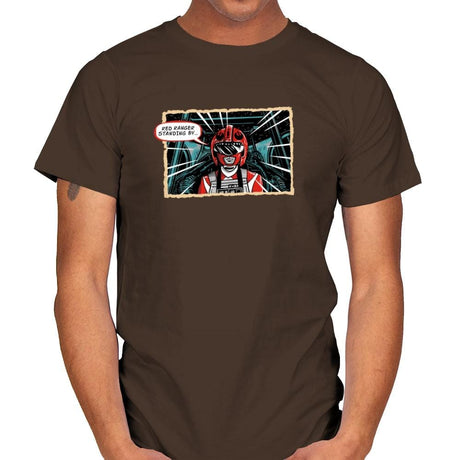 Red Ranger Standing By Exclusive - Mens T-Shirts RIPT Apparel Small / Dark Chocolate
