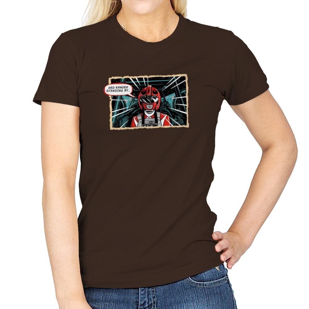 Red Ranger Standing By Exclusive - Womens T-Shirts RIPT Apparel Small / Dark Chocolate