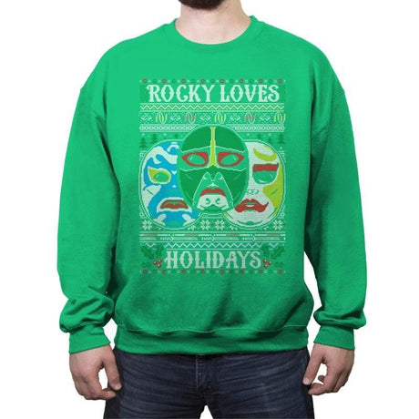 Rocky Loves Holidays - Ugly Holiday - Crew Neck Sweatshirt Crew Neck Sweatshirt Gooten 4x-large / Irish Green